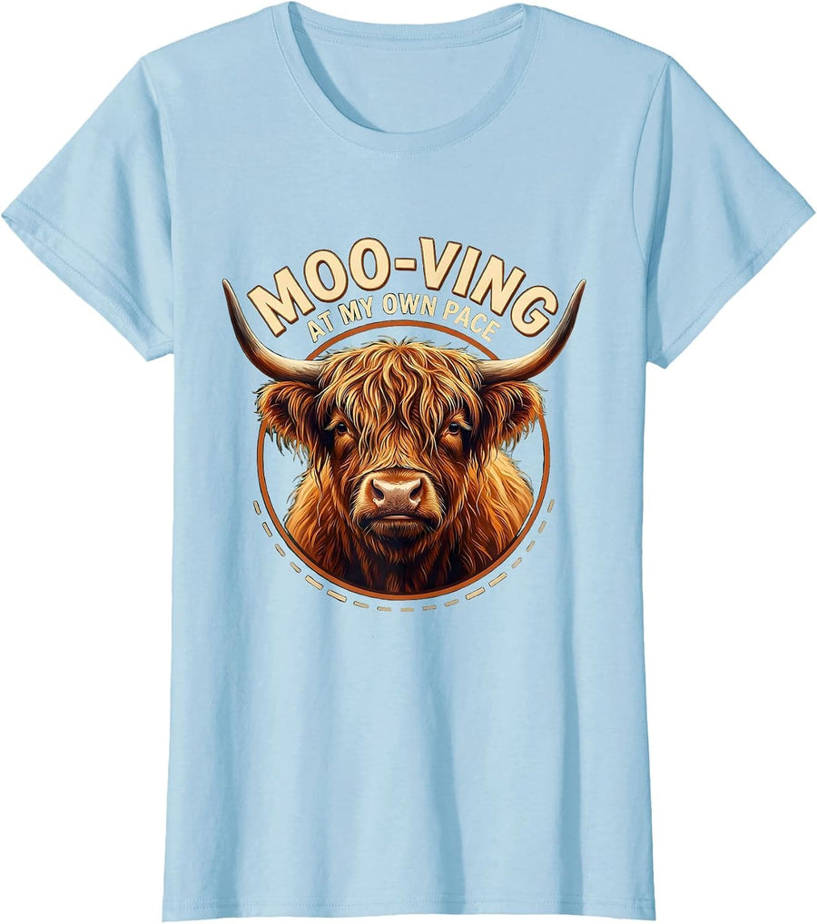 Women's Moo-ving At My Own Pace Funny Highland Cow Farm Humor T-Shirt - Baby Blue