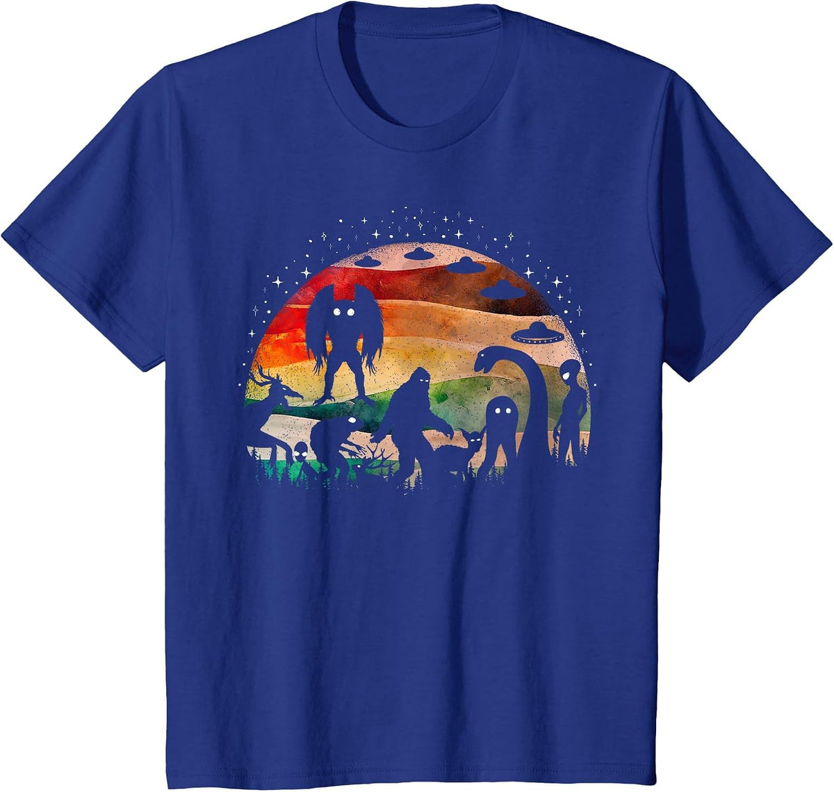 Retro Cryptid Funny Bigfoot Mothman and Aliens Cryptozoology T-Shirt - Royal Blue