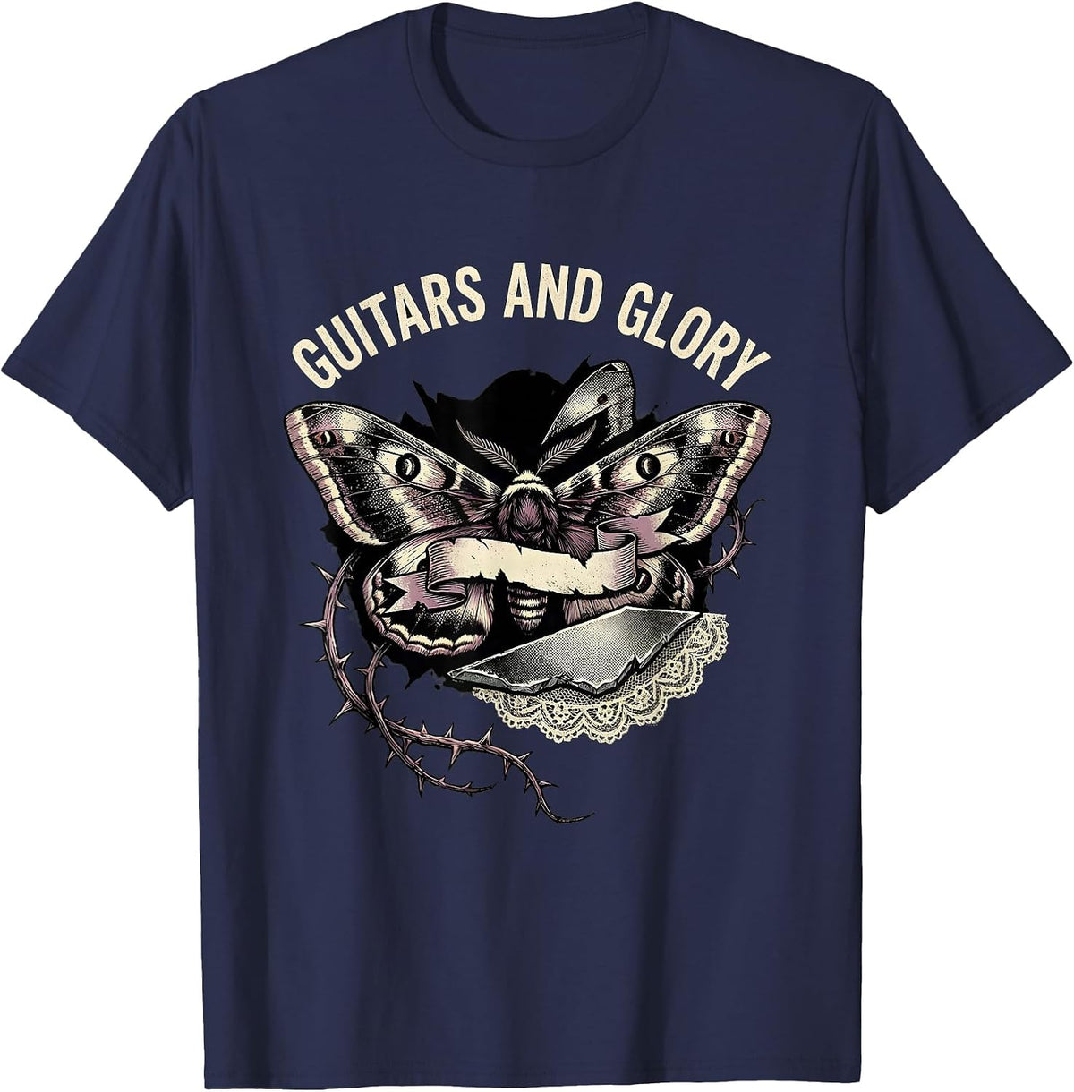 Men's Guitars and Glory 80s Rock Band Design T-Shirt - Navy Blue