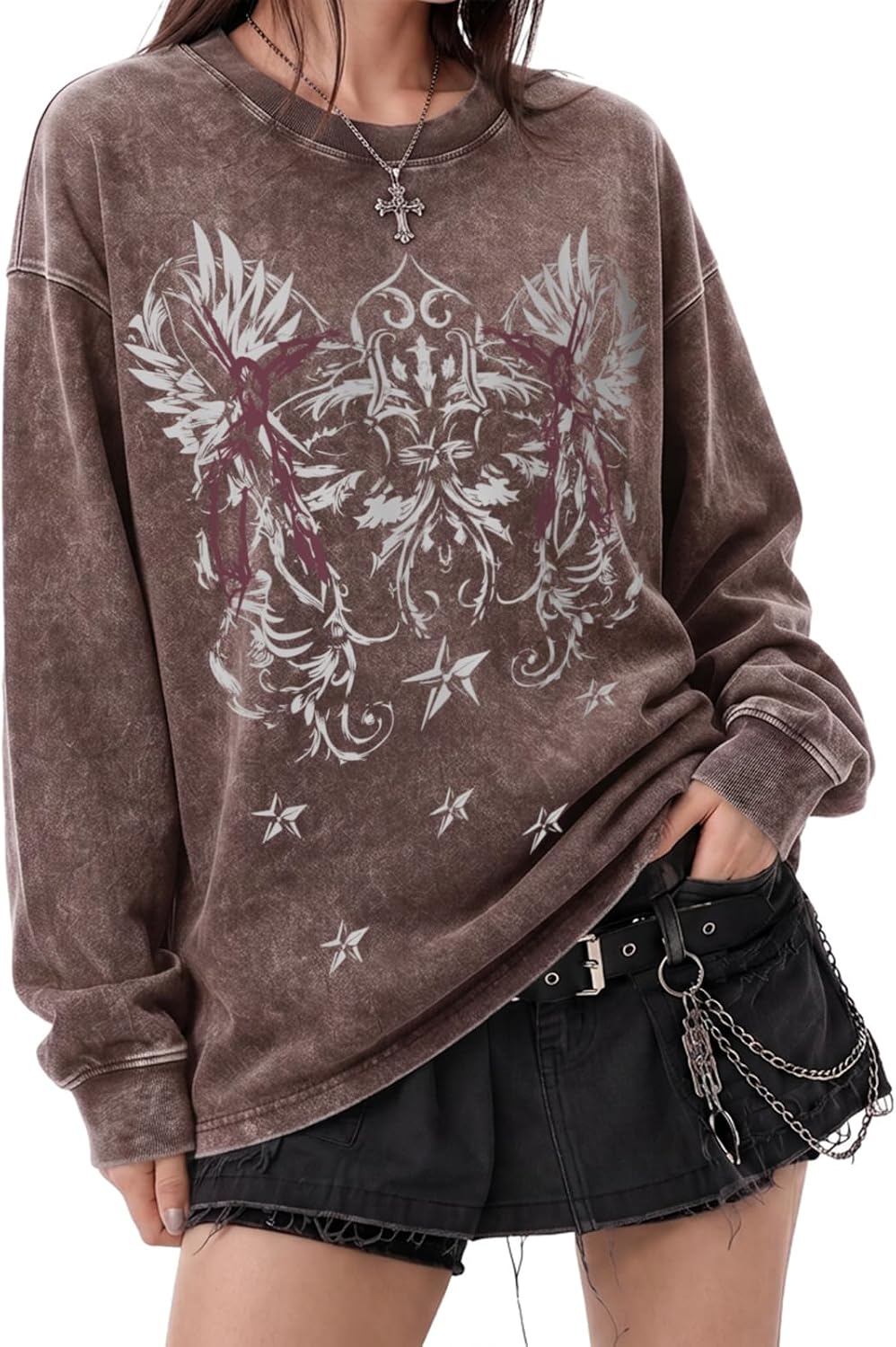 Y2K Gothic Graphic Shirts for Women Emo Grunge Long Sleeve Tees - Coffee