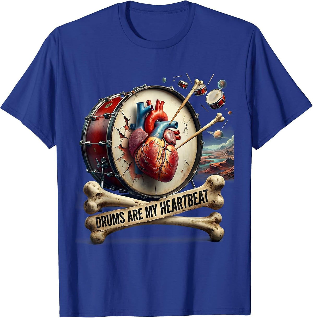 Drums Are My Heartbeat Rock Band Design T-Shirt - Royal Blue