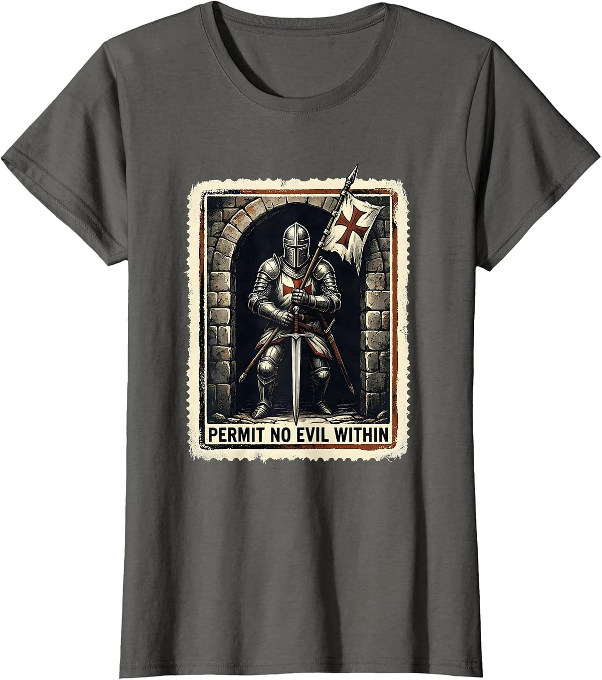 Women's Permit No Evil Within Rubber Stamp Knight Templar Crusader T-Shirt - Asphalt Grey