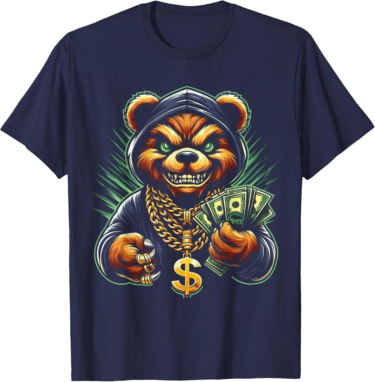 Money Calling Hip Hop Bear Teddy Tee Gangster Rap Swag Dope T-Shirt - Navy Blue