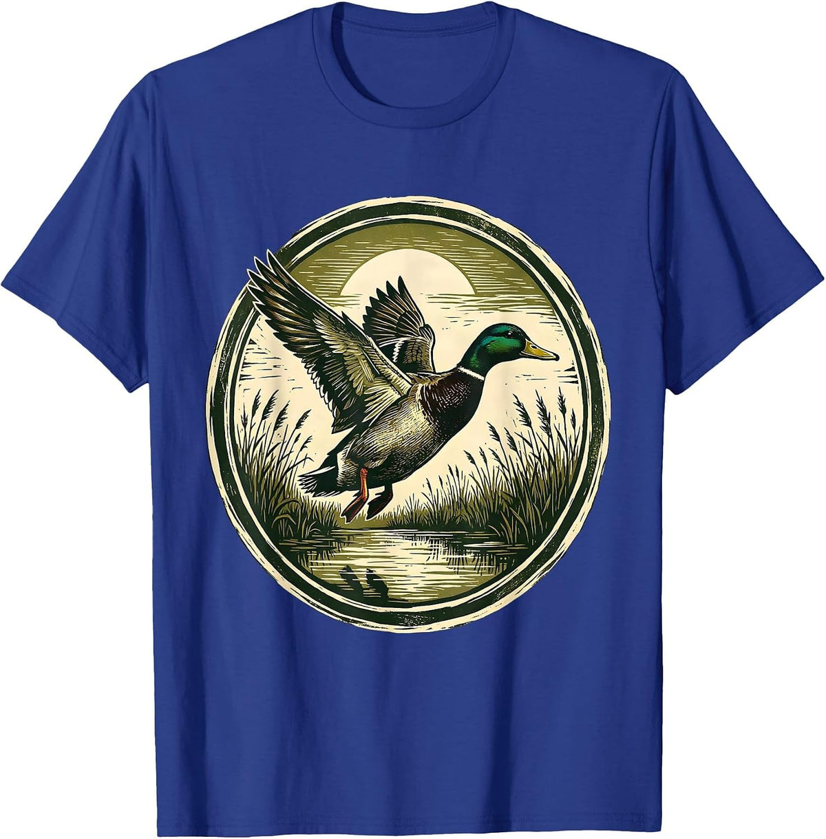 Camo Duck Flying Over Marshland at Dawn T-Shirt - Royal Blue