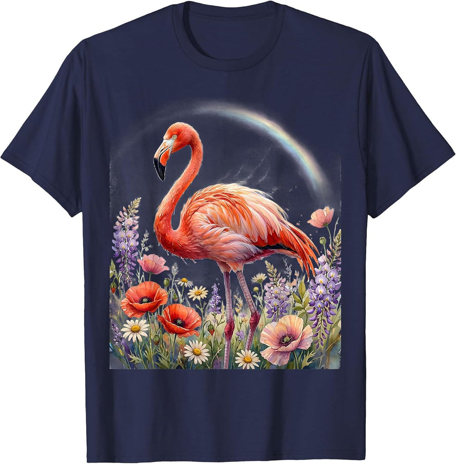 Flamingo in Flower Field Rainbow Arc Graphic T-Shirt - Navy Blue