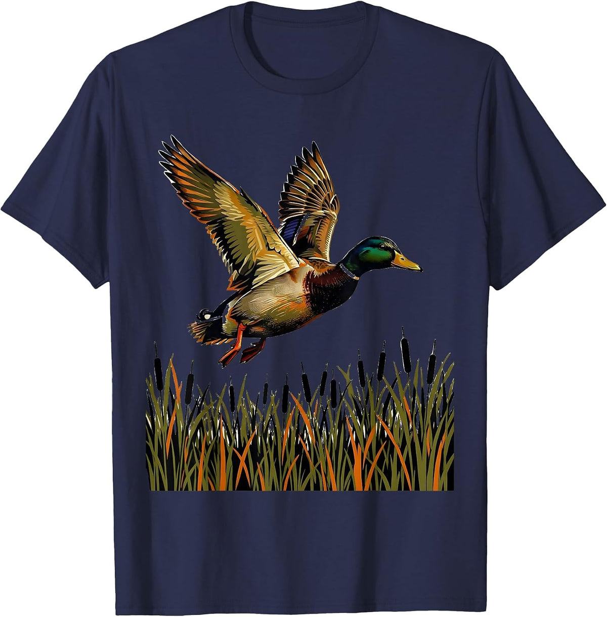 Men's Duck Flying Over Camo Marsh Reeds Illustration T-Shirt - Navy Blue