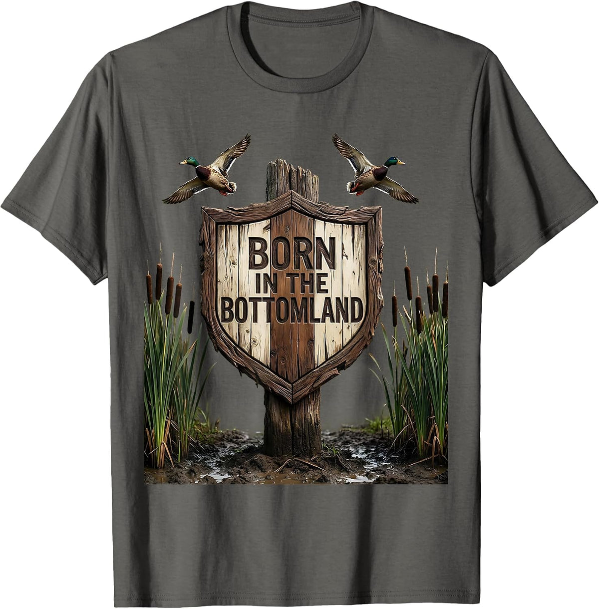 Born in the Bottomland Camo Hunting Design T-Shirt - Asphalt Grey