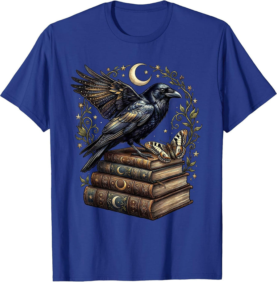 Crow Perched on Stacked Books Illustration T-Shirt - Royal Blue