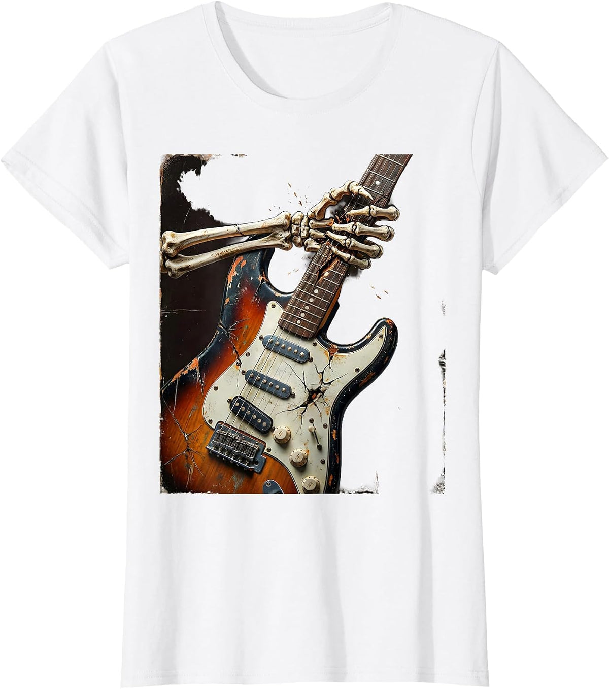 Skeleton Fingers Shredding Electric Guitar T-Shirt - White