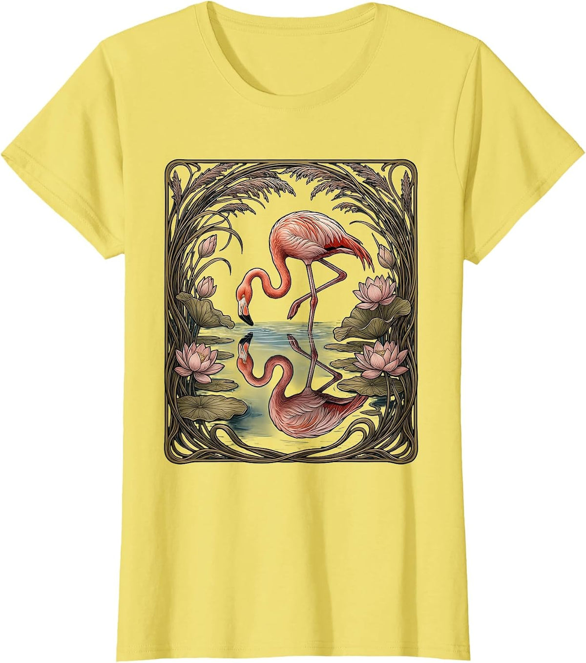 Flamingo Reflection Serene Water Illustration T-Shirt - Lemon Yellow