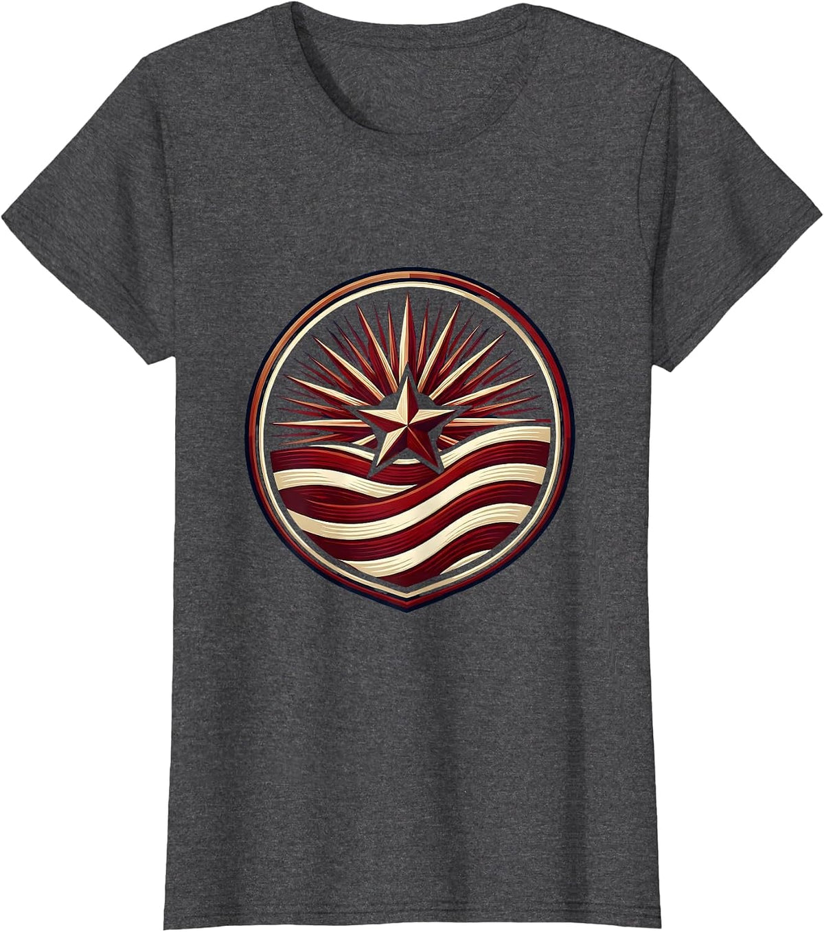 Women's Red White and Blue Sunburst Waving Flag Stripes T-Shirt - Dark Heather Grey