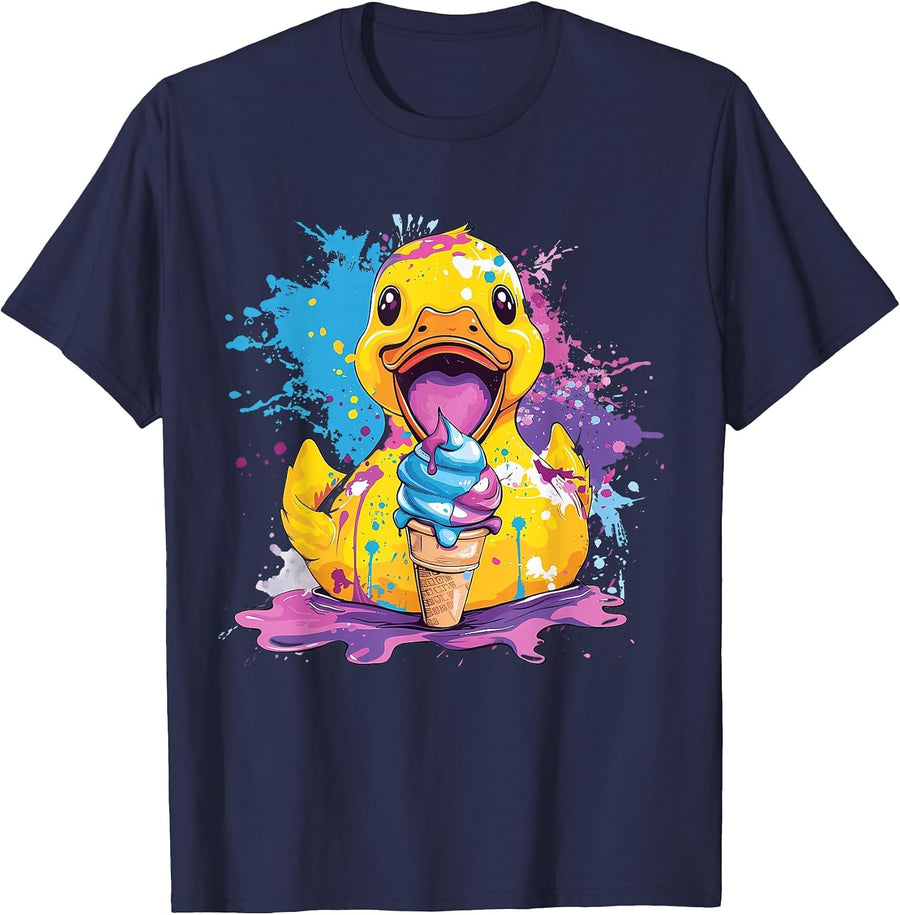 Rubber Duckie Rubber Duck Ice Cream Lover Watercolor Drawing T-Shirt - Navy Blue