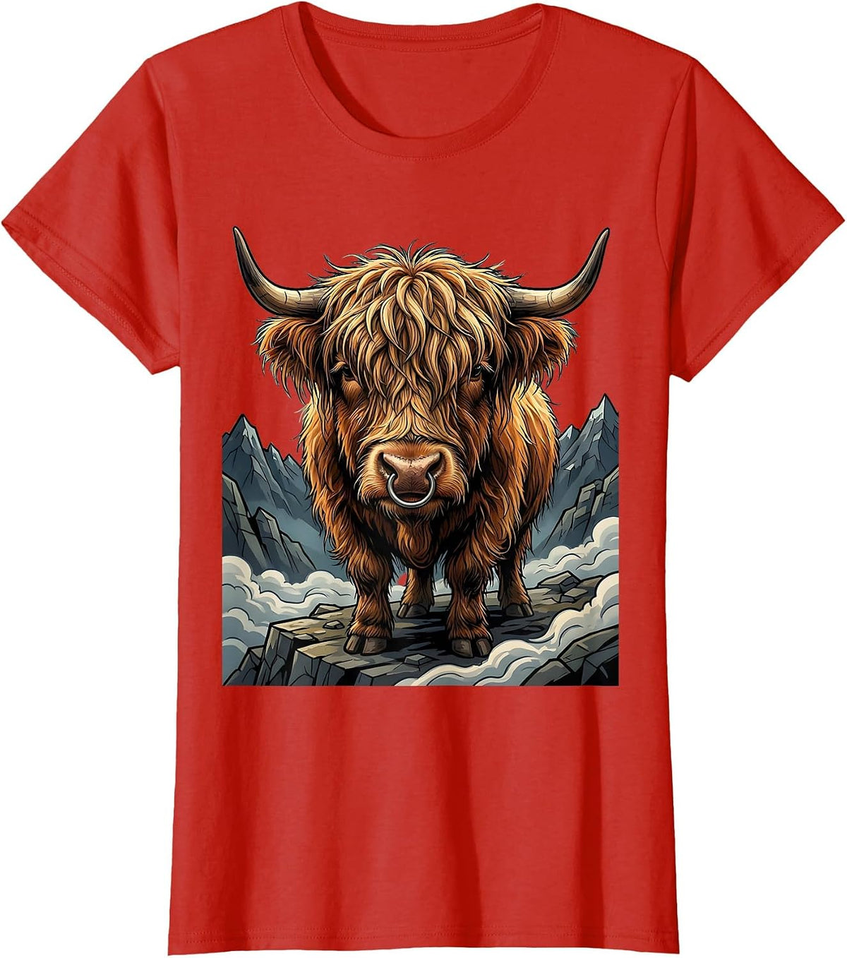 Highland Cow Misty Mountain Illustration T-Shirt - Red