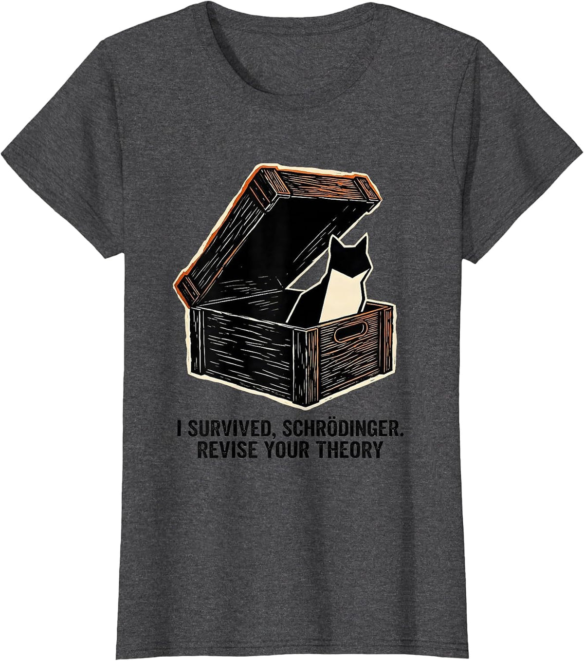 Women's I Survived, Schrödinger. Revise Your Theory Science Teacher T-Shirt - Dark Heather Grey