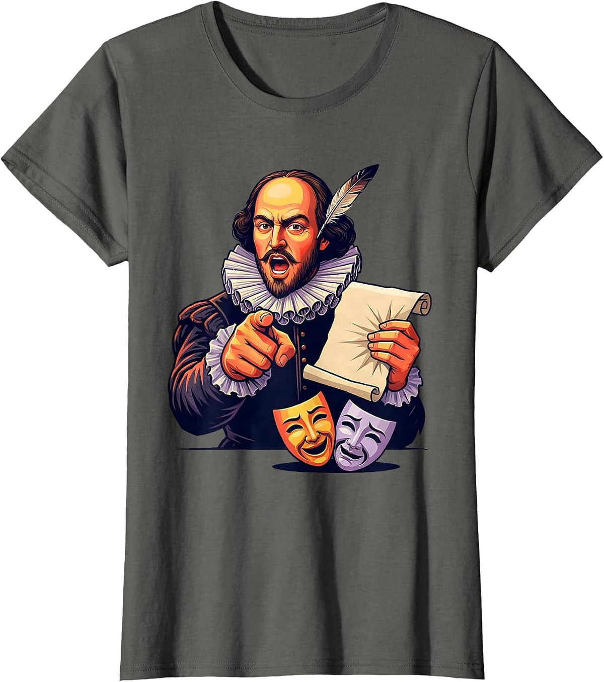 Women's Shakespeare Tragedy Comedy Mask Flat Vector Theater Humor T-Shirt - Asphalt Grey