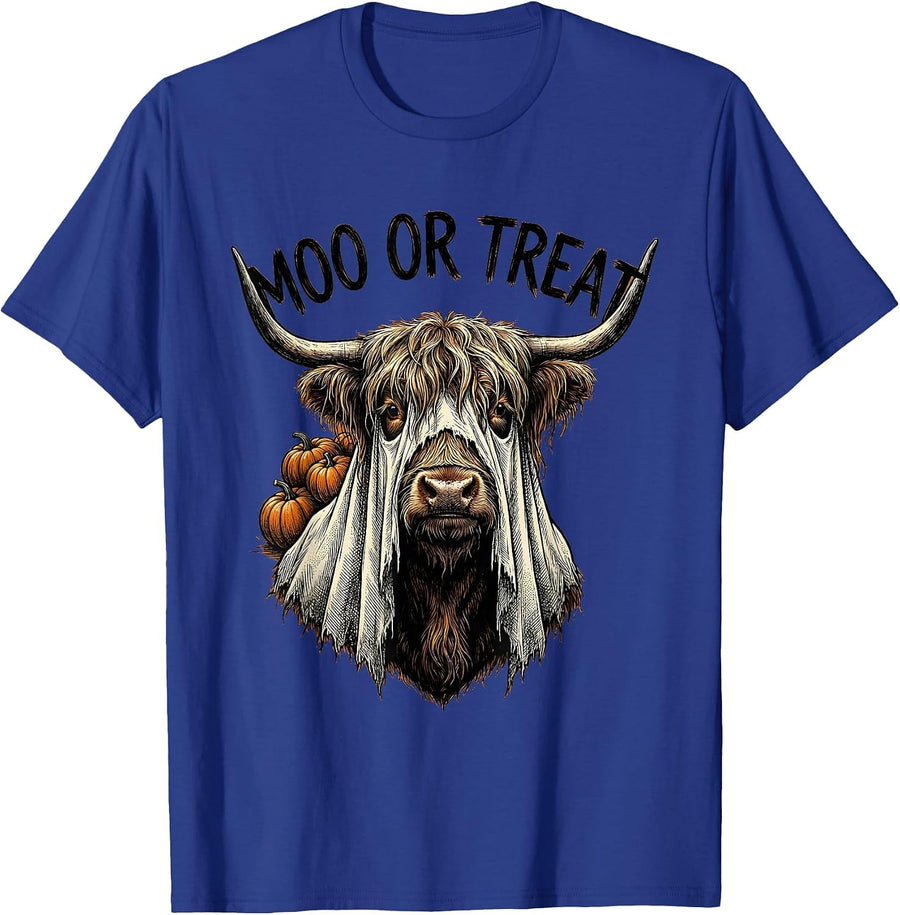 Moo Or Treat Vintage Highland Cow Halloween Pumpkin Ghost T-Shirt - Royal Blue