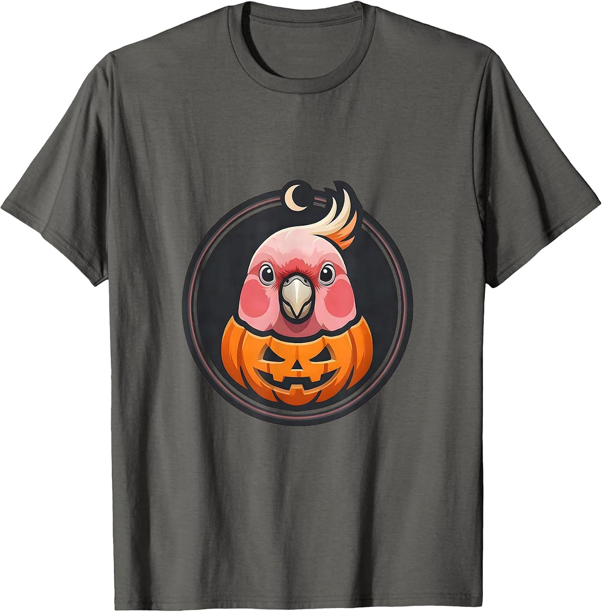 Men's Circular Galah Cockatoo Mascot Logo Pet Bird Lover Halloween T-Shirt - Asphalt Grey