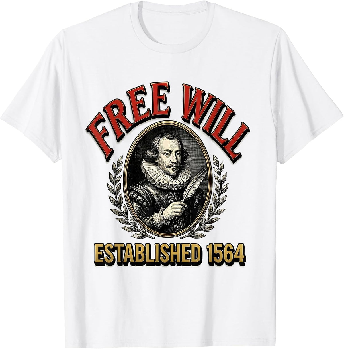 Men's Free Will Established 1564 Vintage Literary Shakespeare Fan T-Shirt - White