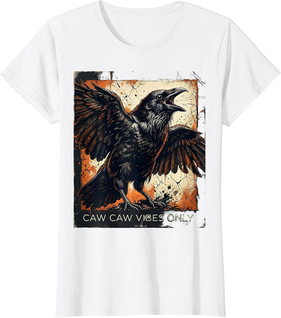 Women's Caw Caw Vibes Only Crow Lover Design T-Shirt - White
