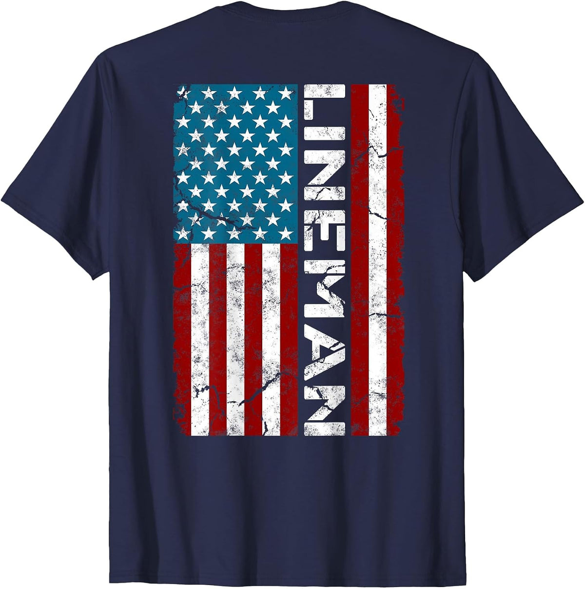 American Flag Patriotic Electric Cable Lineman T-Shirt - Navy Blue