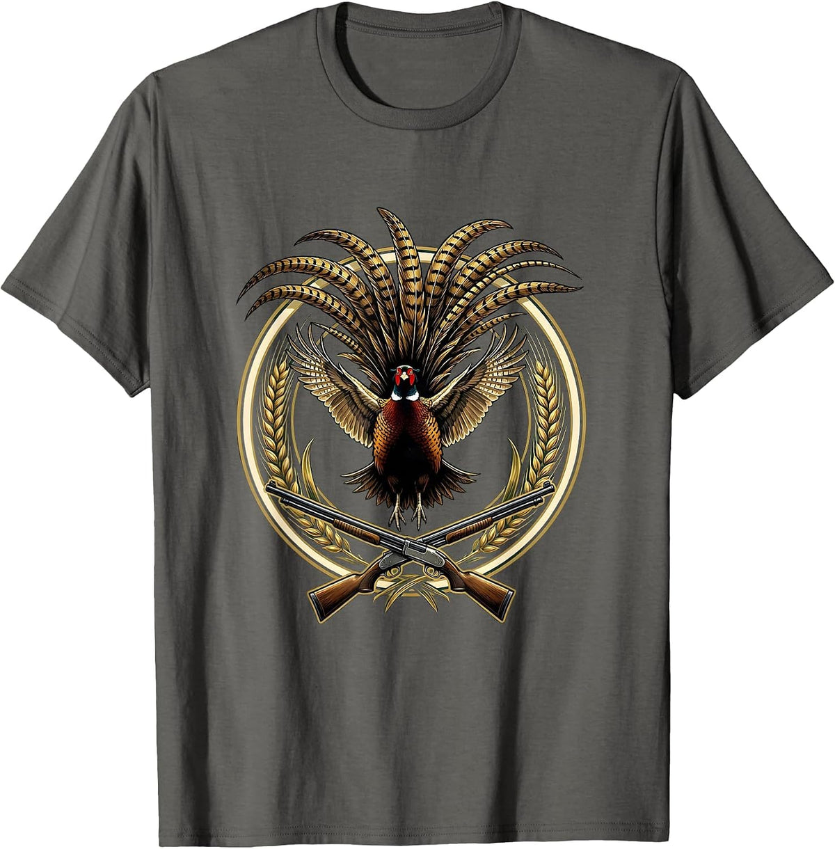 Men's Pheasant Burst Upward Mid-Flight Hunting Illustration T-Shirt - Asphalt Grey