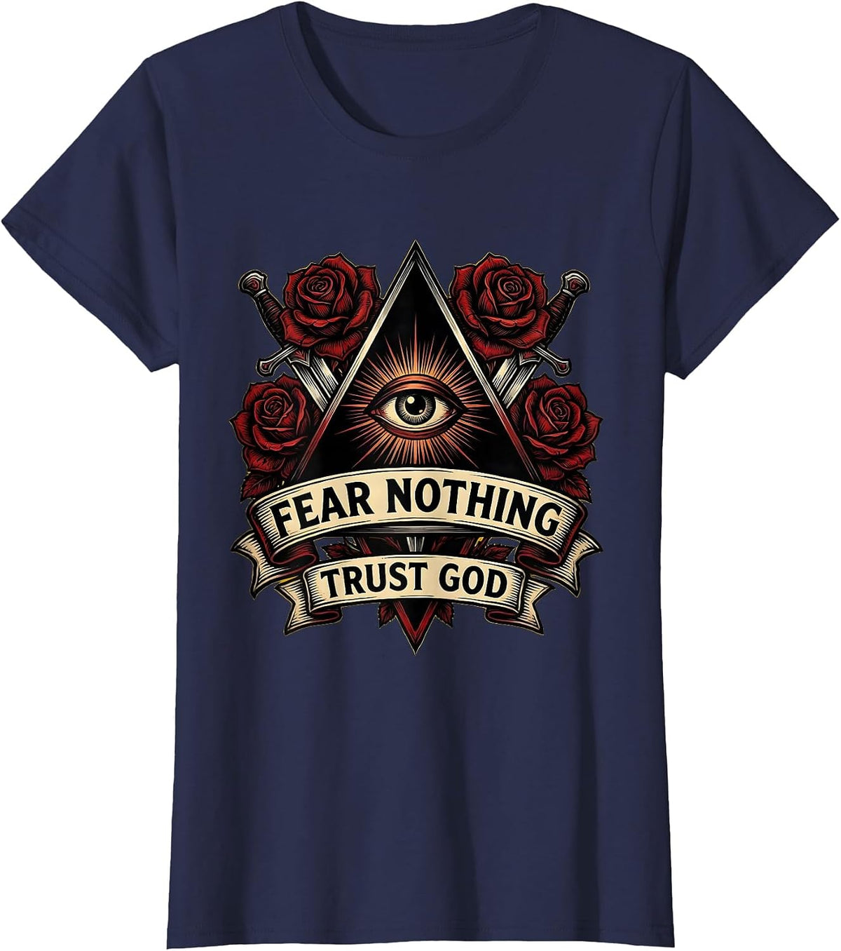Women's Fear Nothing Trust God Faith Over Fear Design T-Shirt - Navy Blue