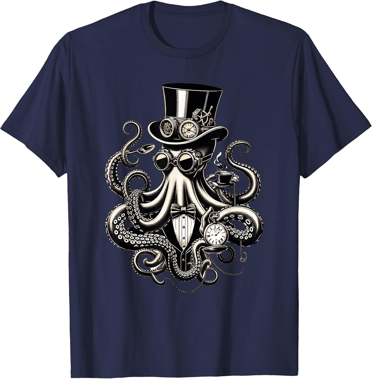 Funny Octopus Steampunk Top Hat Coffee Cup Pocket Watch T-Shirt - Navy Blue