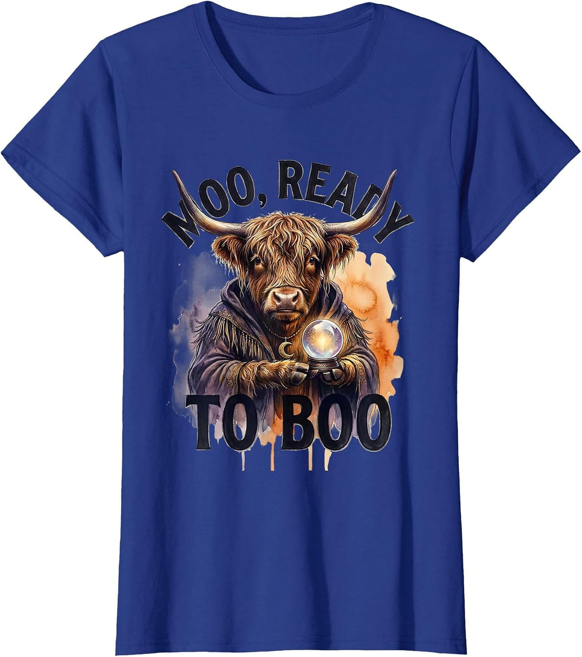 Women's Moo, Ready To Boo Watercolor Highland Cow Halloween Costume T-Shirt - Royal Blue