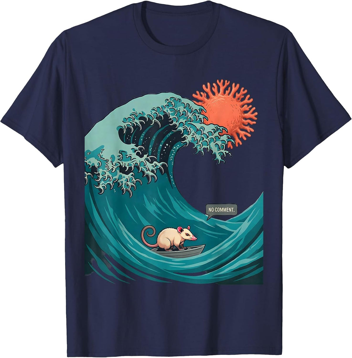 Men's No Comment Midcentury Modern Animal Surfing Opossum Parody T-Shirt - Navy Blue