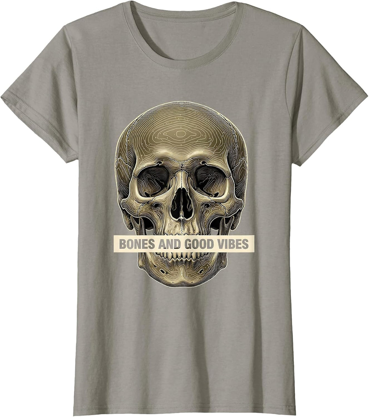 Women's Bones and Good Vibes Laid-Back Graphic Design T-Shirt - Slate Grey