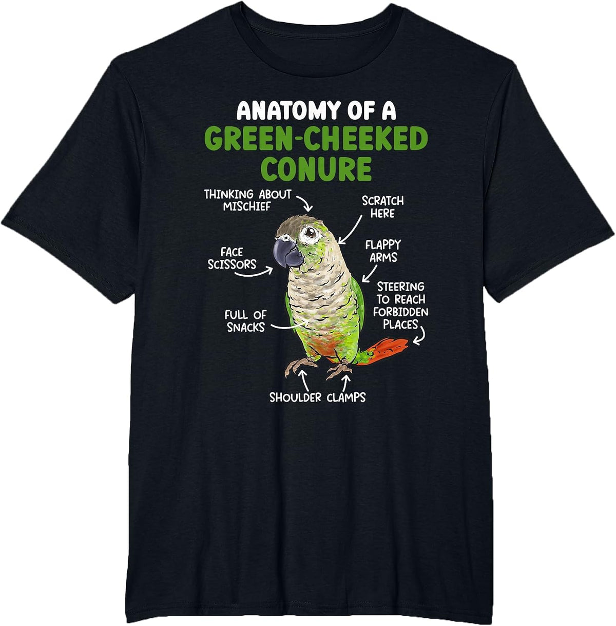 Anatomy of A Green Cheeked Conure Parrot Bird Conure T-Shirt - Black
