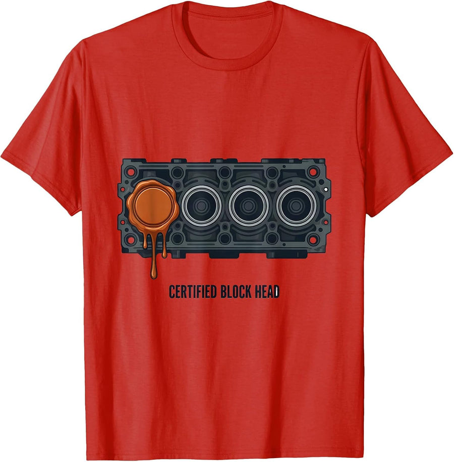 Men's Certified Block Head Funny Mechanic Garage Motor Engine T-Shirt - Red