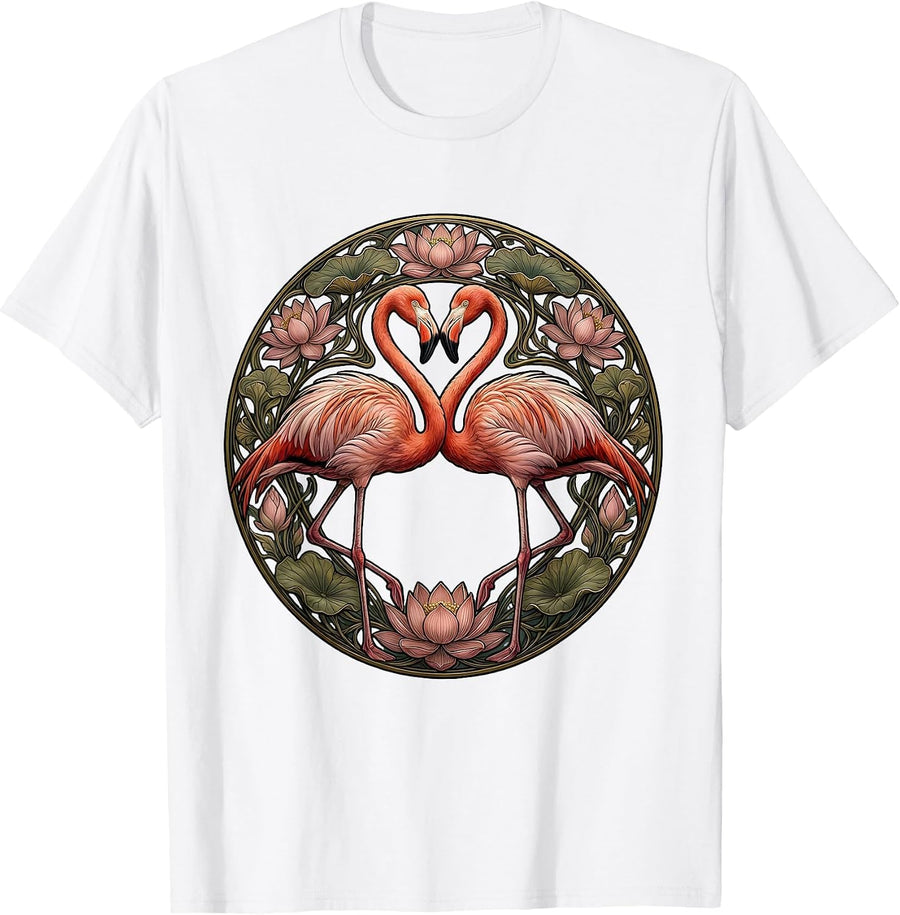Flamingo Love Heart Romantic Wildlife Illustration T-Shirt - White
