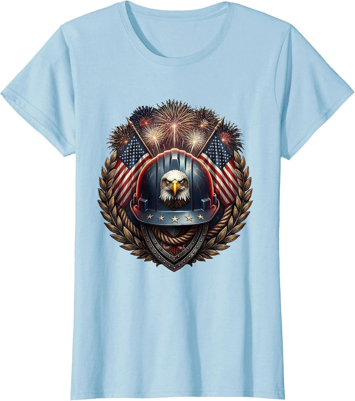 Stars and Stripes Hard Hat Labor Day Patriotic T-Shirt - Baby Blue