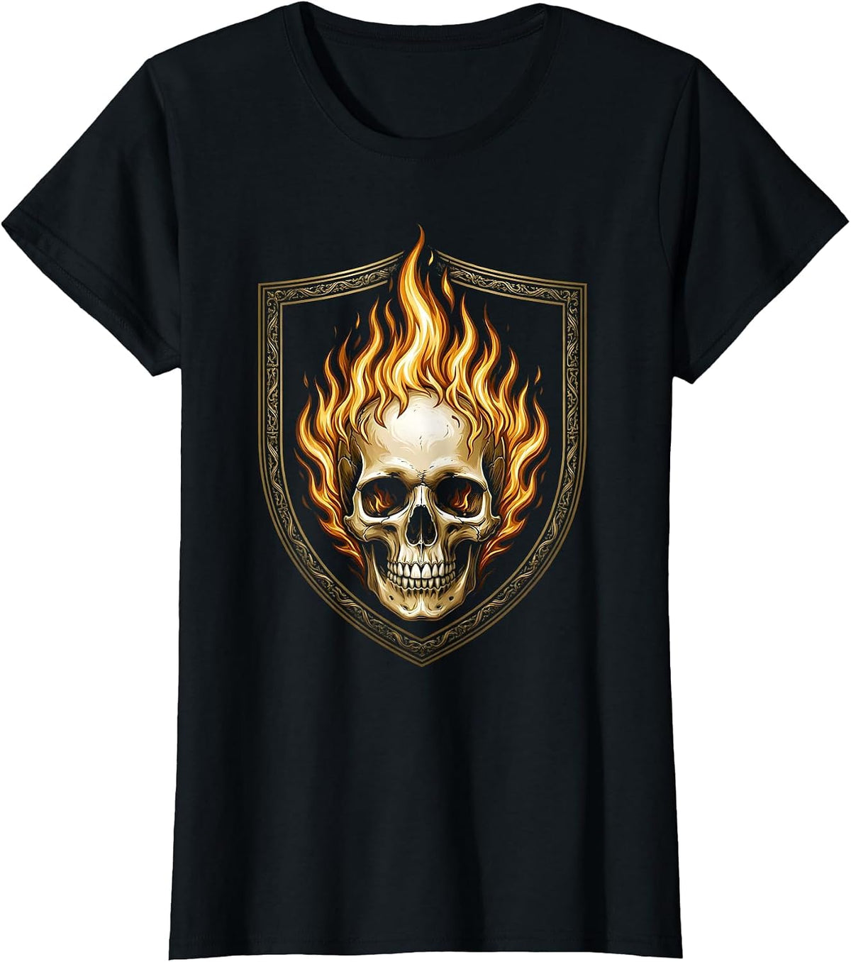 Women's Flaming Skull Fire Engulfed Skull Graphic T-Shirt - Black