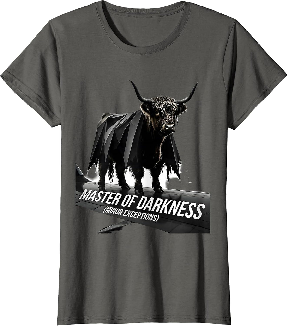Women's Master of Darkness Minor Exceptions Funny Highland Cow T-Shirt - Asphalt Grey