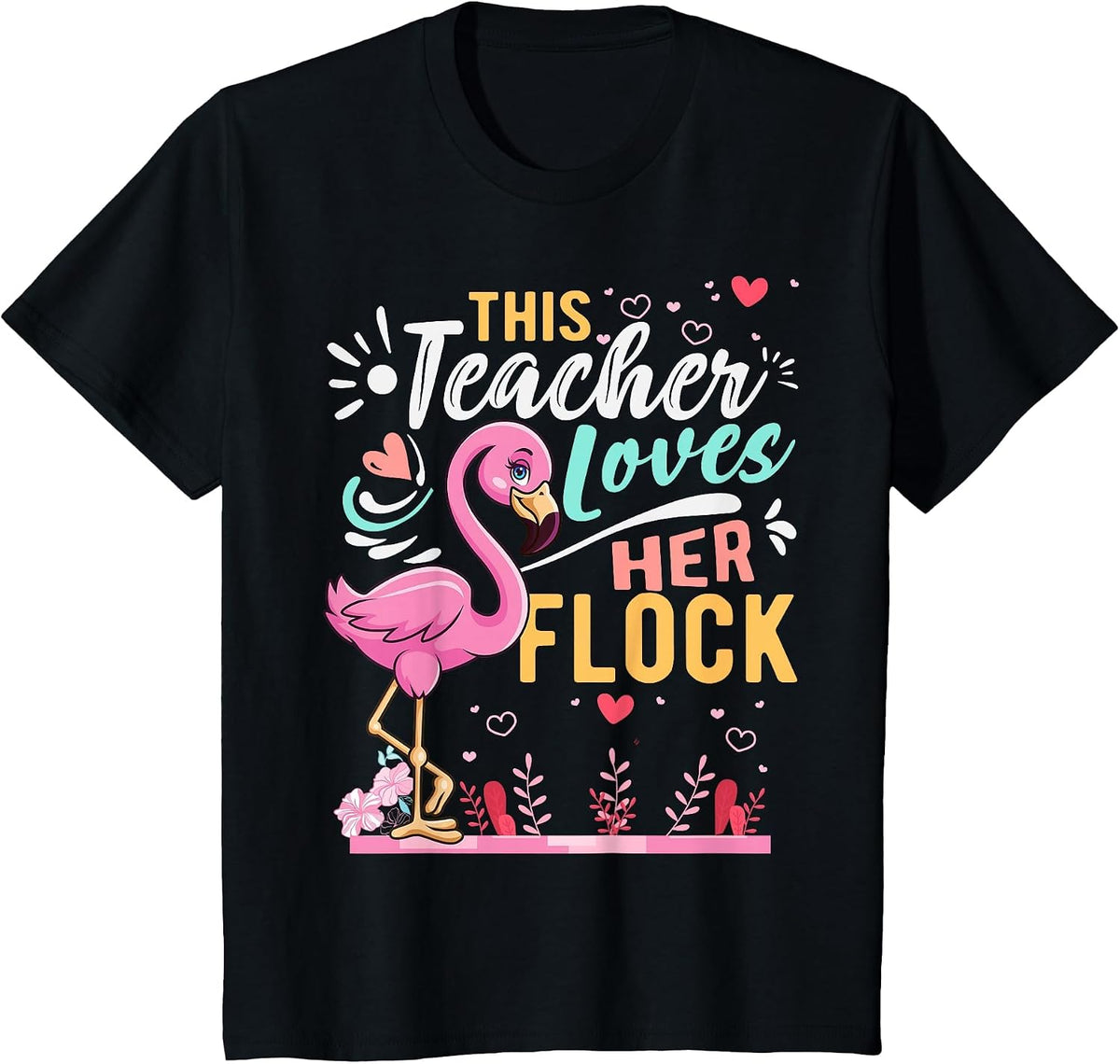 This Teacher Loves Her Flock Flamingo Teacher Back to School T-Shirt - Black