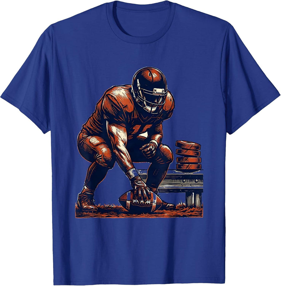 Offensive Lineman Linocut Football Player Humor T-Shirt - Royal Blue