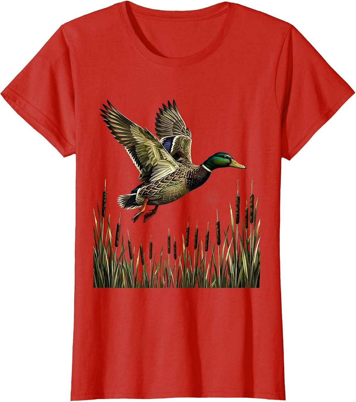 Camo Duck Flying Over Marsh Reeds Illustration T-Shirt - Red