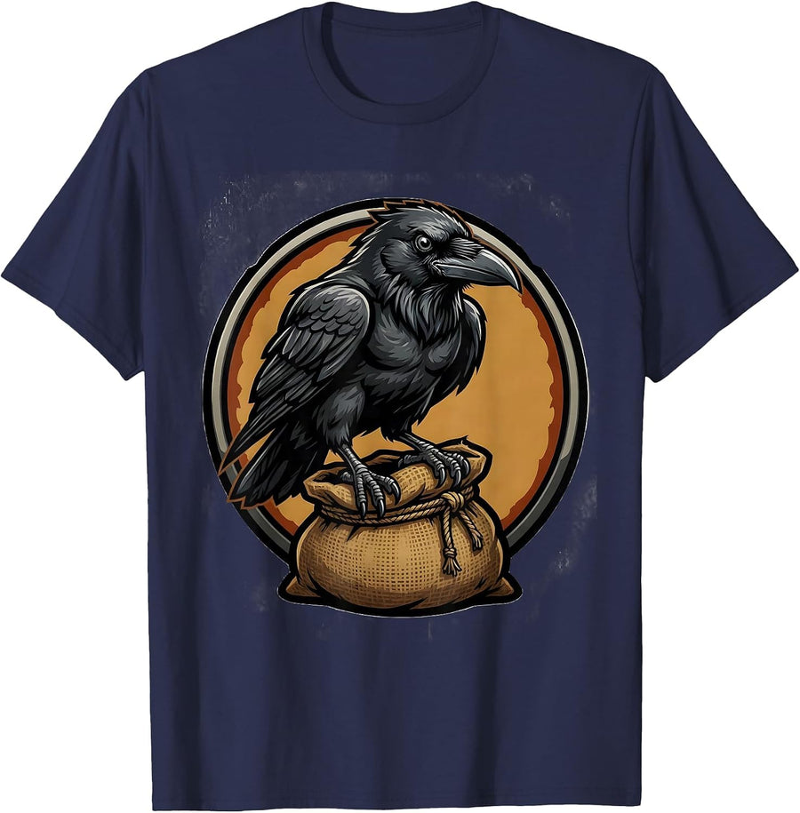 Crow Roosting on Burlap Coffee Sack Illustration T-Shirt - Navy Blue