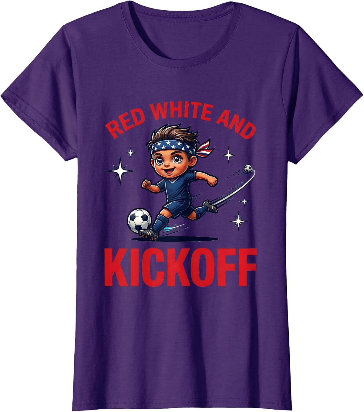 Women's RED WHITE AND KICKOFF Cartoon Soccer Player Labor Day T-Shirt - Purple