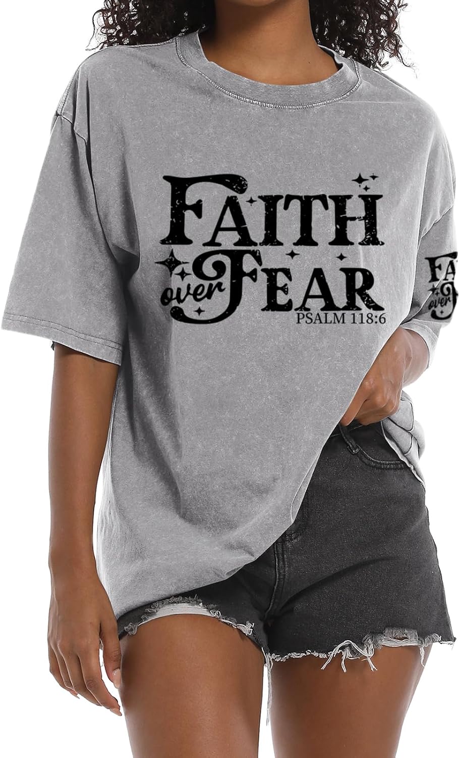 Faith Over Fear Christian Shirts for Women Jesus Religious Bible Verse T Shirts God Oversized Acid Wash Graphic Tees - Light