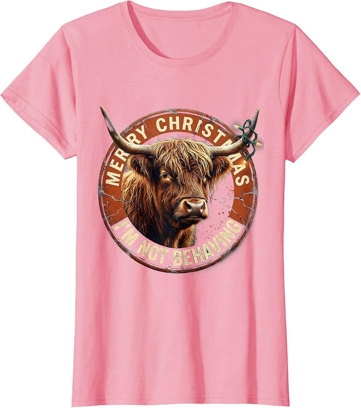 Women's Merry Christmas, I'm Not Behaving Distressed Highland Cow T-Shirt - Pink