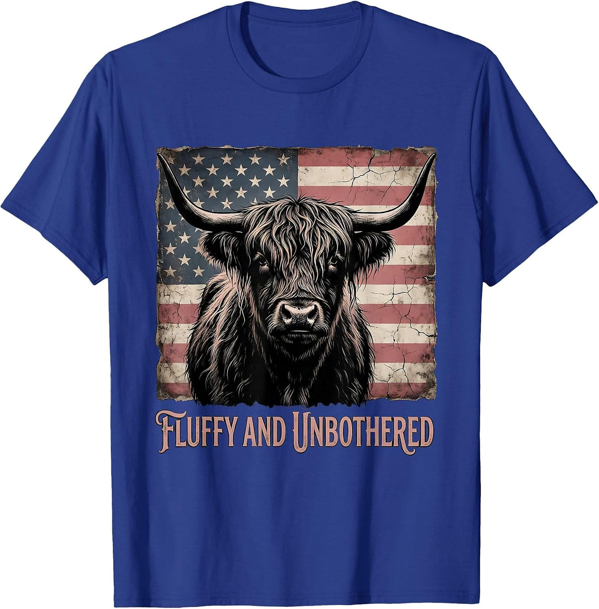 Fluffy and Unbothered Highland Cow Design T-Shirt - Royal Blue