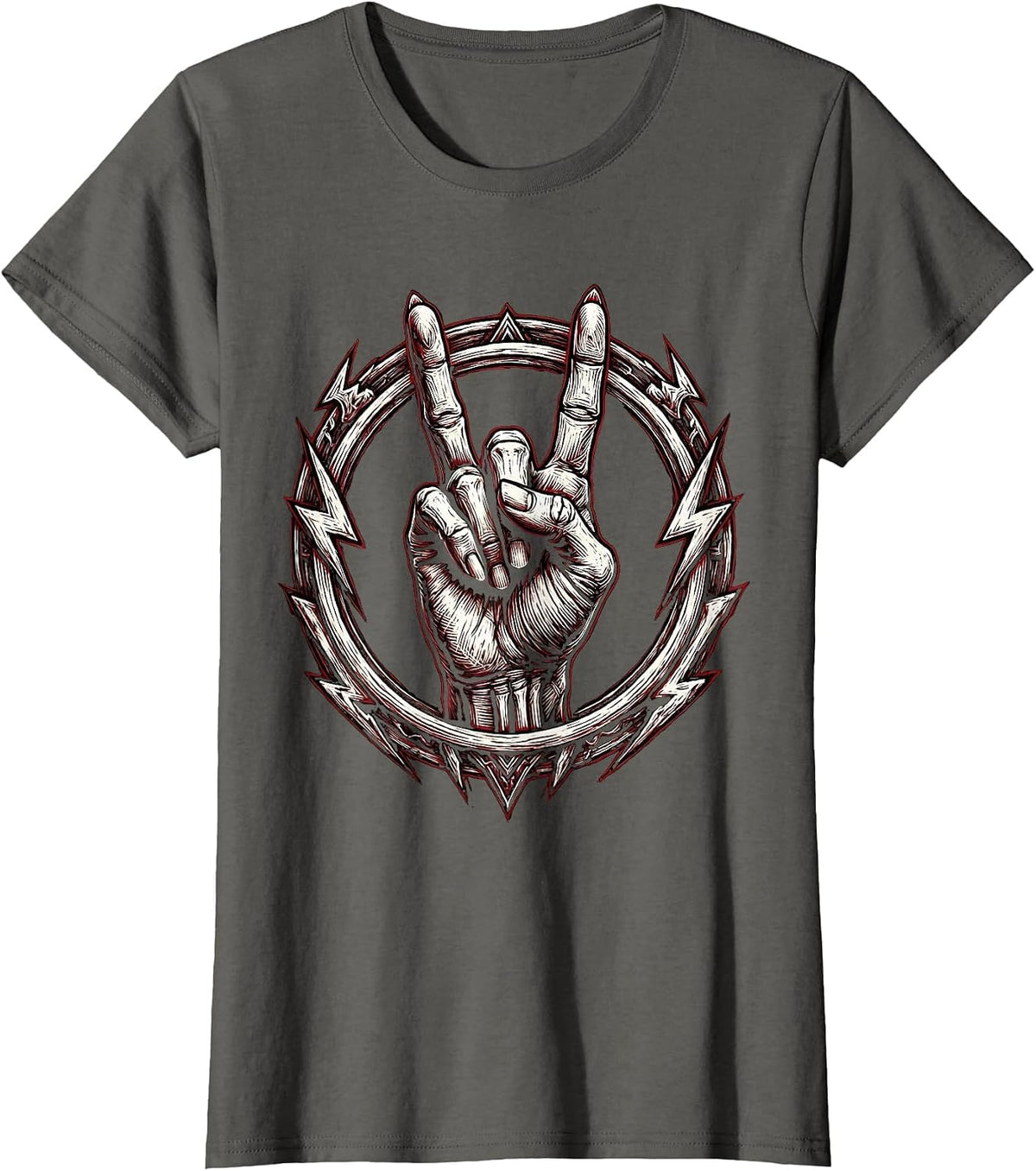 Women's Skeletal Devil Horns Rock And Roll Hand Sign T-Shirt - Asphalt Grey