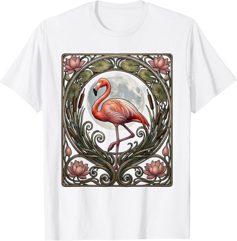 Flamingo Silhouette Full Moon Night Sky Design T-Shirt - White
