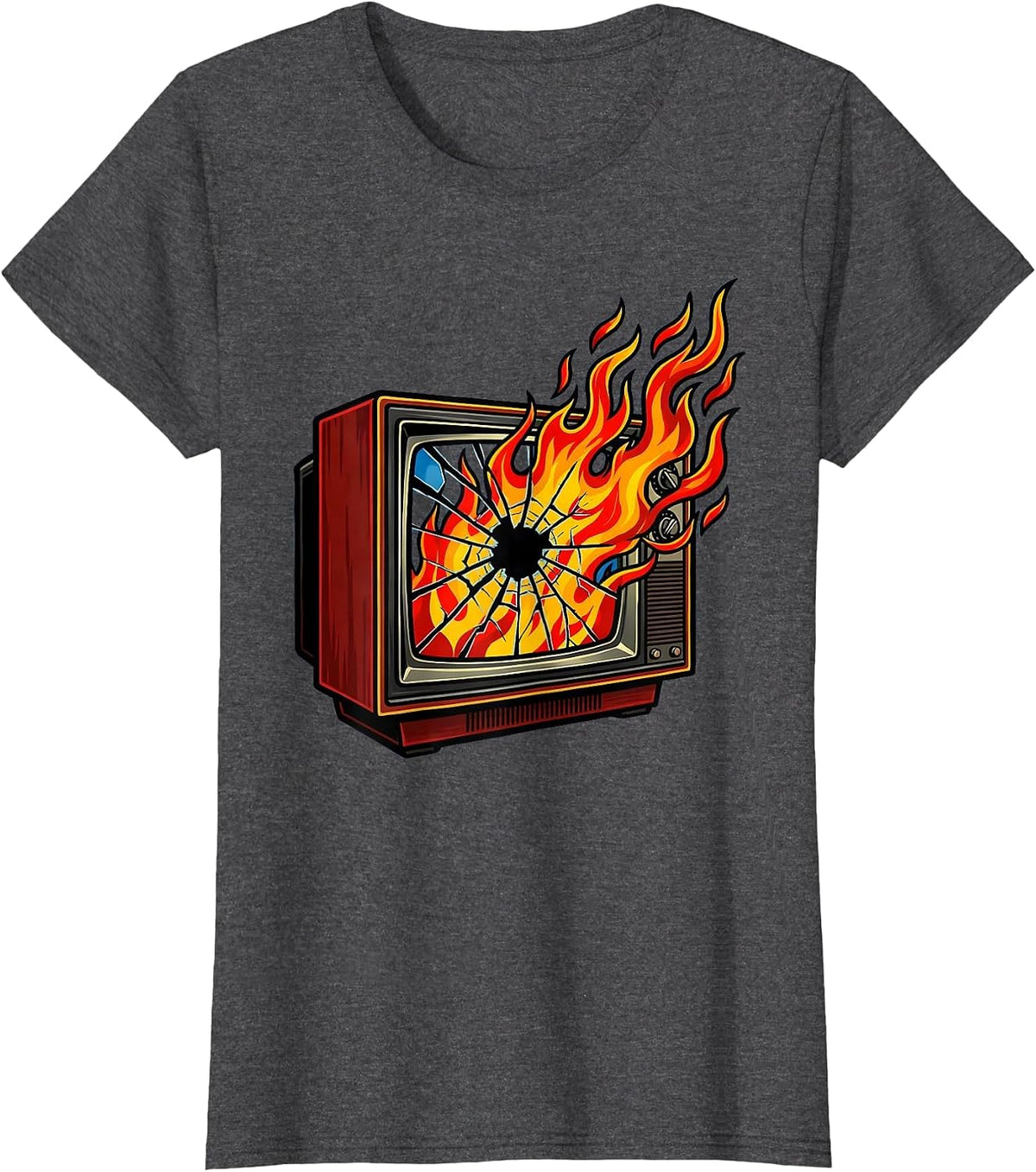 Women's Punk Rock Burning TV Cracked Screen Graphic T-Shirt - Dark Heather Grey