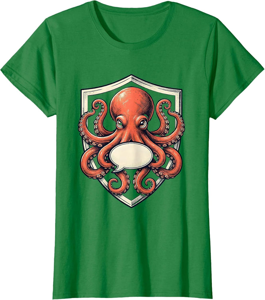 Women's Heraldic Octopus Emblem Marine Biology Enthusiast T-Shirt - Kelly Green