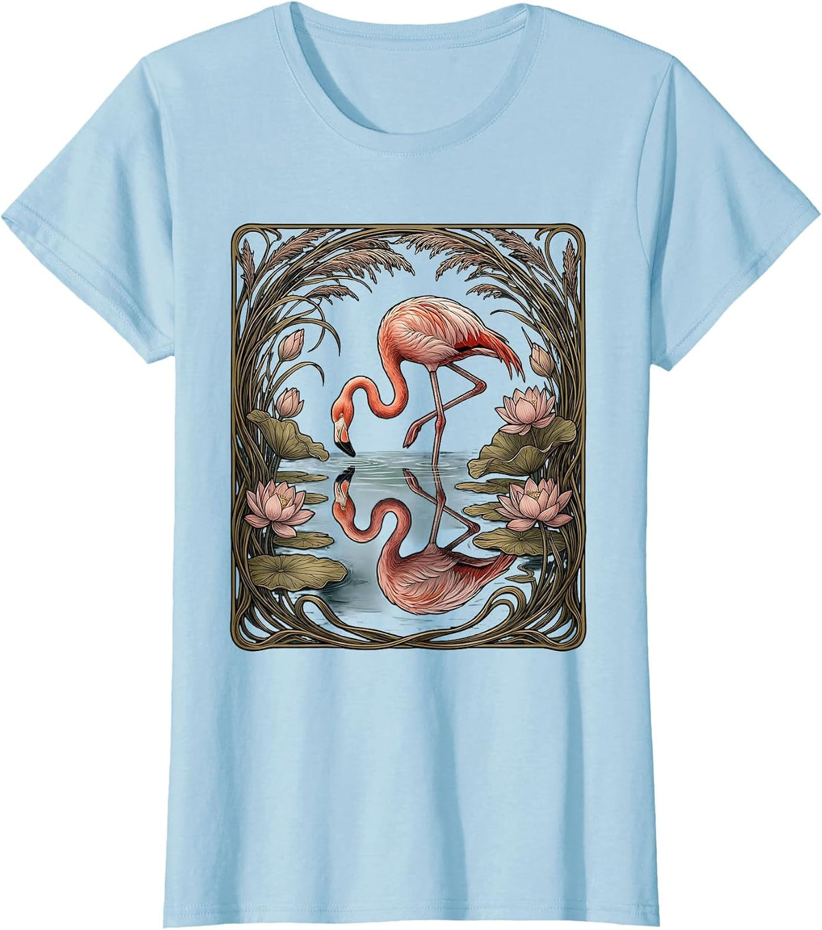 Flamingo Reflection Serene Water Illustration T-Shirt - Baby Blue