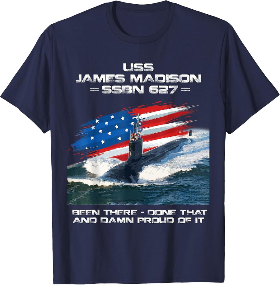 USS James Madison SSBN-627 American Flag Submarine Veteran T-Shirt - Navy Blue